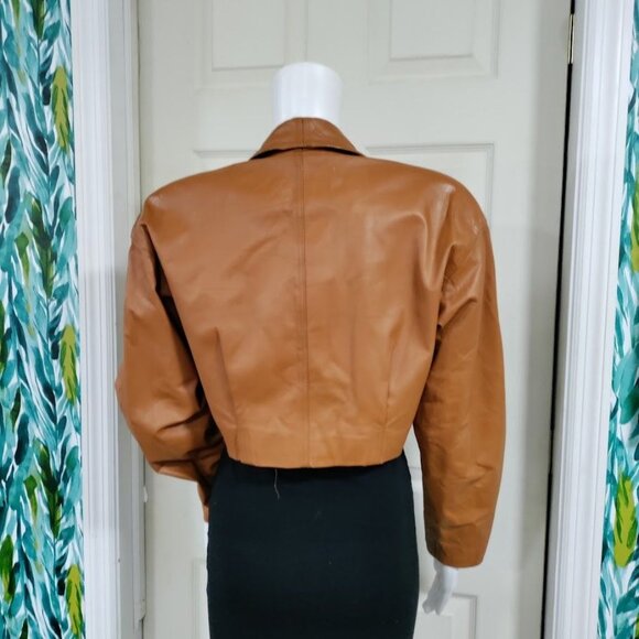 Santa Caterina Leather Long Sleeve Shawl Cropped Biker Jacket Tan Women's Size M - Picture 3 of 11